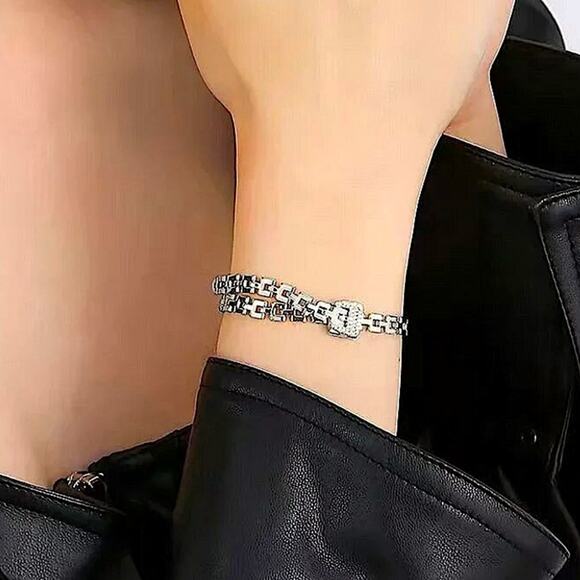 Silver Belt Buckle Bracelet Matching Ring Set, Minimalist, Zircon, Chain Link - Picture 5 of 12